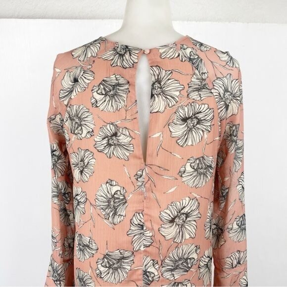 HD in Paris Anthropologie Floral Ruffle Bell Sleeves Pink Crepe Shift Dress S - Picture 6 of 7